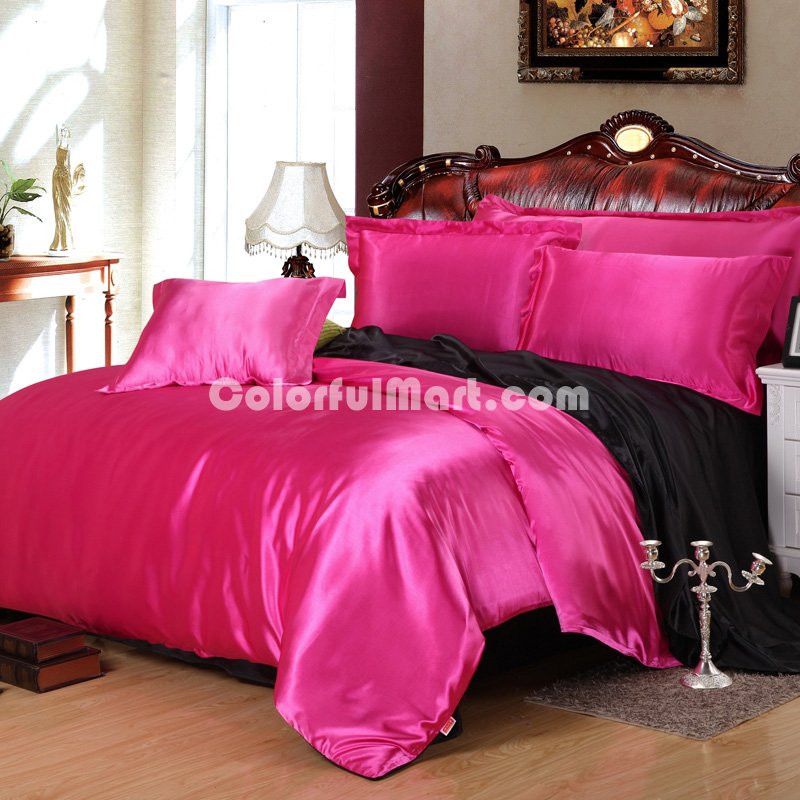 Rose And Black Silk Bedding Set Duvet Cover Silk Pillowcase Silk Sheet Luxury Bedding - Click Image to Close