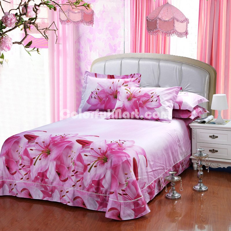 Lilies Pink Bedding Sets Duvet Cover Sets Teen Bedding Dorm Bedding 3D Bedding Floral Bedding Gift Ideas - Click Image to Close