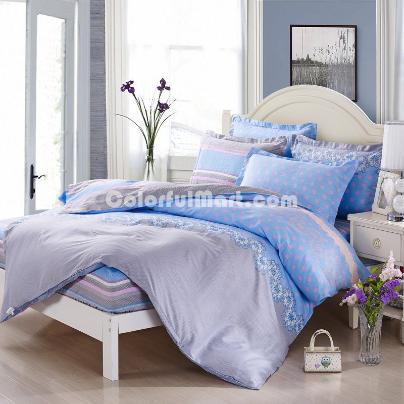 Abstract Pattern Blue 100% Cotton 4 Pieces Bedding Set Duvet Cover Pillow Shams Fitted Sheet - Click Image to Close