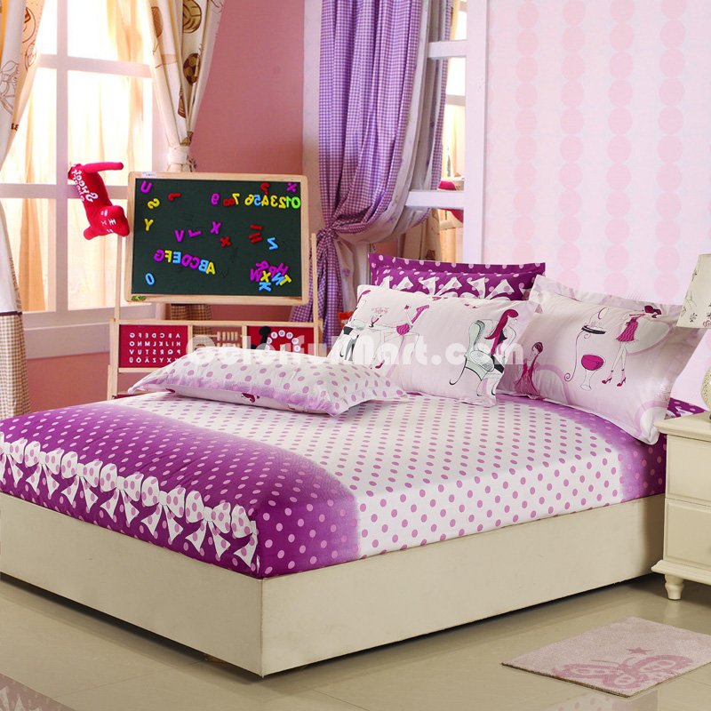 Modern Girl Purple 100% Cotton 4 Pieces Bedding Set Duvet Cover Pillow Shams Fitted Sheet - Click Image to Close