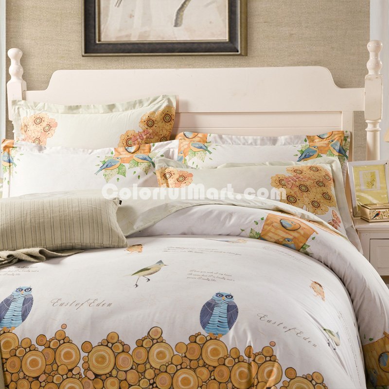 Owl And Bird Beige 100% Cotton Luxury Bedding Set Kids Bedding Duvet Cover Pillowcases Fitted Sheet - Click Image to Close
