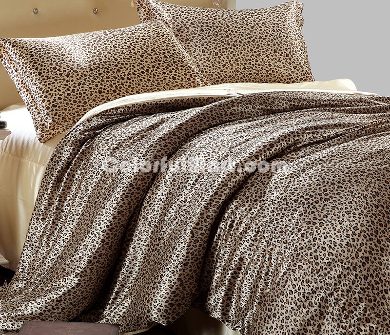 Cheetah Print Leopard Print Beige Silk Duvet Cover Set Silk Bedding - Click Image to Close