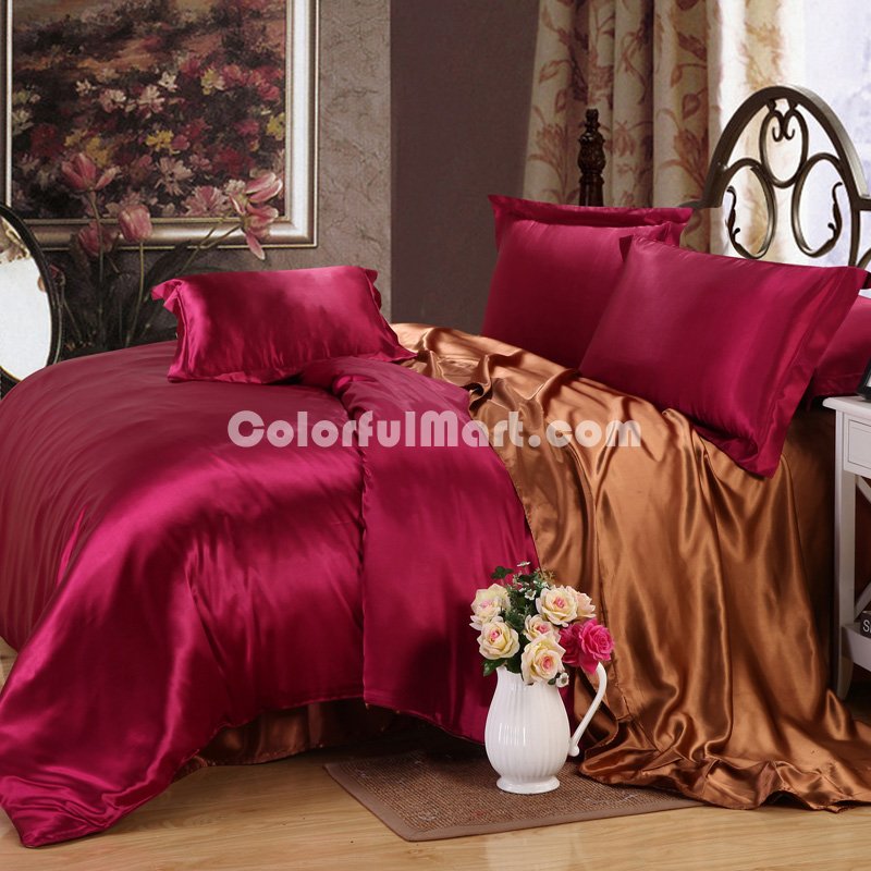 Wine And Coffee Silk Bedding Set Duvet Cover Silk Pillowcase Silk Sheet Luxury Bedding - Click Image to Close