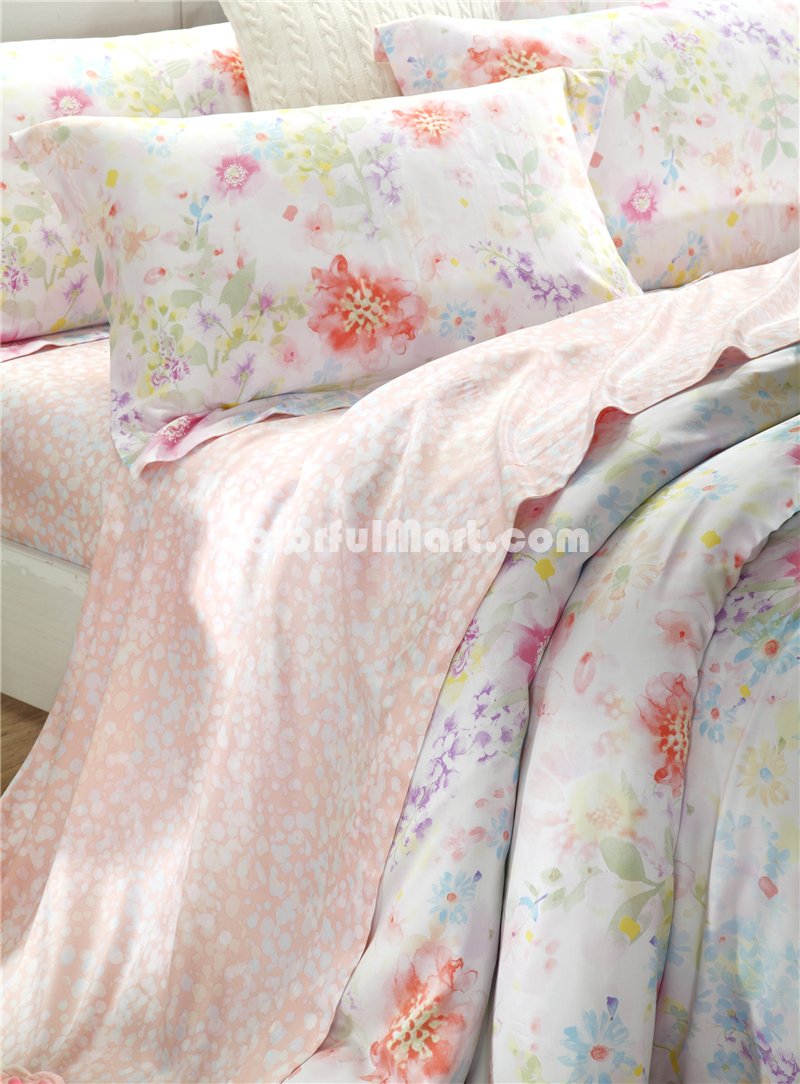 Summer Flowers Orange Bedding Set Girls Bedding Floral Bedding Duvet Cover Pillow Sham Flat Sheet Gift Idea - Click Image to Close