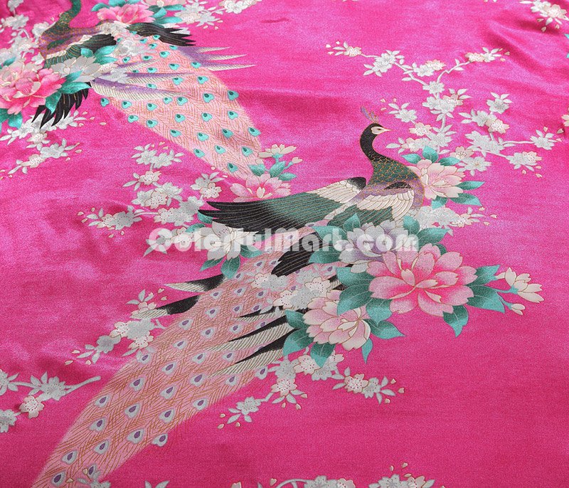 The Peacock In The Flowers Rose Silk Duvet Cover Set Silk Bedding - Click Image to Close