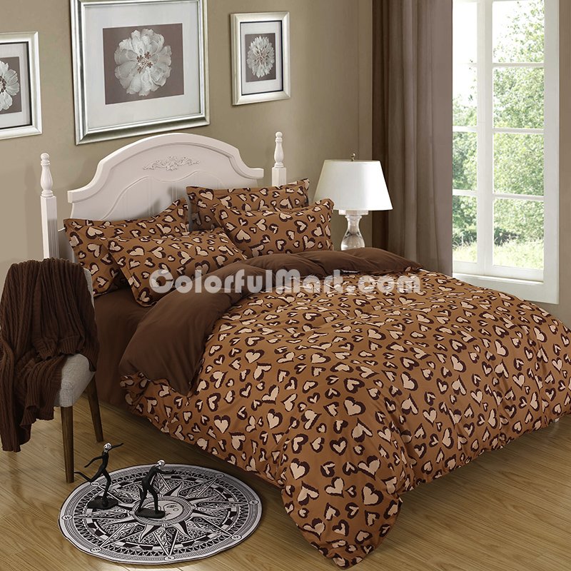 Hearts Brown Bedding Set Duvet Cover Pillow Sham Flat Sheet Teen Kids Boys Girls Bedding - Click Image to Close