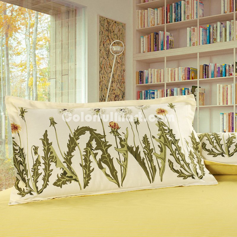 Dandelions Beige 100% Cotton 4 Pieces Bedding Set Duvet Cover Pillow Shams Fitted Sheet - Click Image to Close