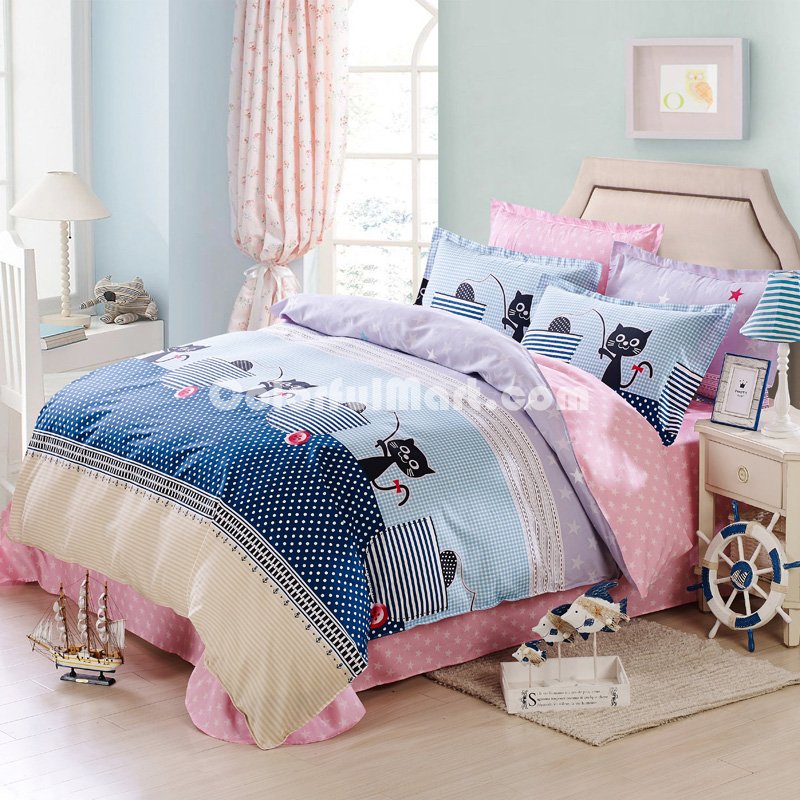 Happy Cat Blue Bedding Set Kids Bedding Teen Bedding Duvet Cover Set Gift Idea - Click Image to Close