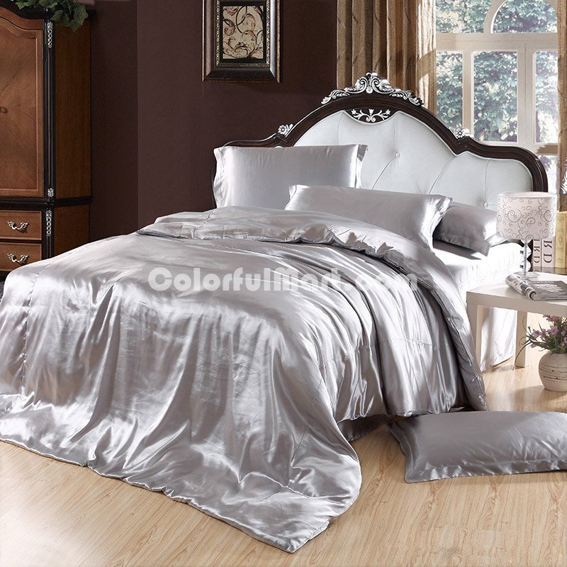 Pure Enjoyment Silver Grey Silk Bedding Silk Duvet Cover Set - Click Image to Close
