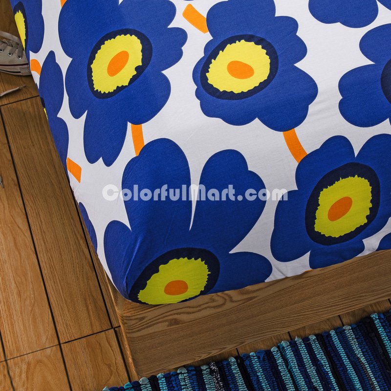 Sunflower Blue 100% Cotton 4 Pieces Bedding Set Duvet Cover Pillow Shams Fitted Sheet - Click Image to Close