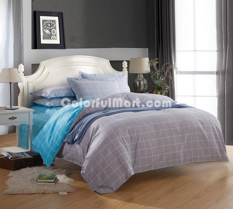 Modern Grids Gray And Blue Teen Bedding Duvet Cover Set - Click Image to Close