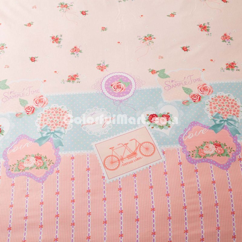Tandem Bicycle Pink 100% Cotton 4 Pieces Bedding Set Duvet Cover Pillow Shams Fitted Sheet - Click Image to Close