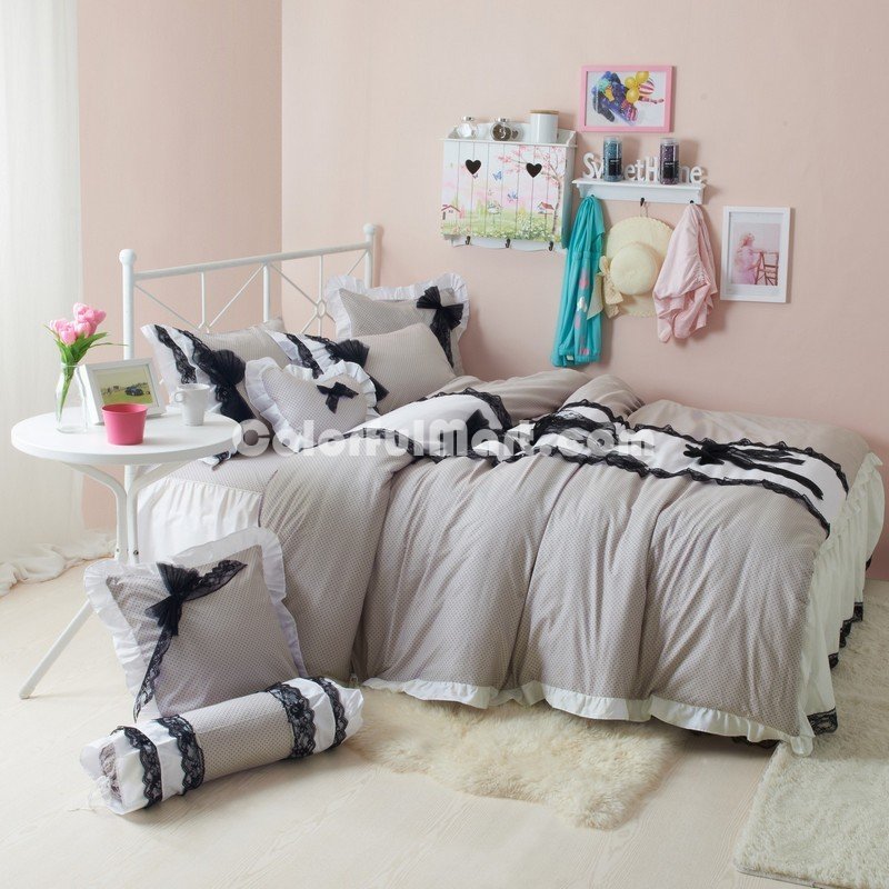 Black Temptation Polka Dots Gray Princess Bedding Girls Bedding Duvet Cover Set - Click Image to Close