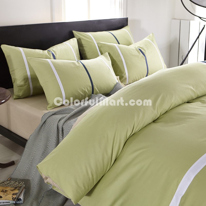 Natural Green 100% Cotton Luxury Bedding Set Stripes Plaids Bedding Duvet Cover Pillowcases Fitted Sheet - Click Image to Close