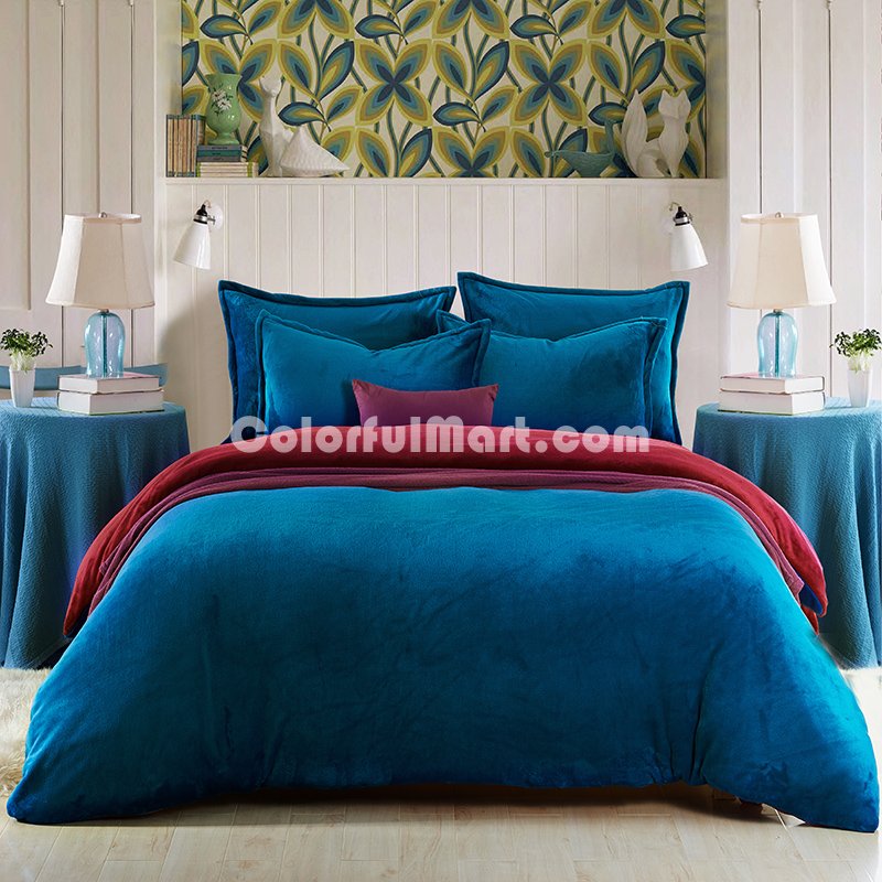 Peacock Blue And Wine Red Flannel Bedding Winter Bedding - Click Image to Close
