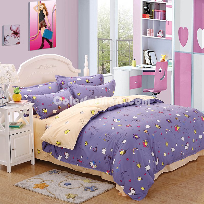Honey Bee Purple Bedding Set Duvet Cover Pillow Sham Flat Sheet Teen Kids Boys Girls Bedding - Click Image to Close