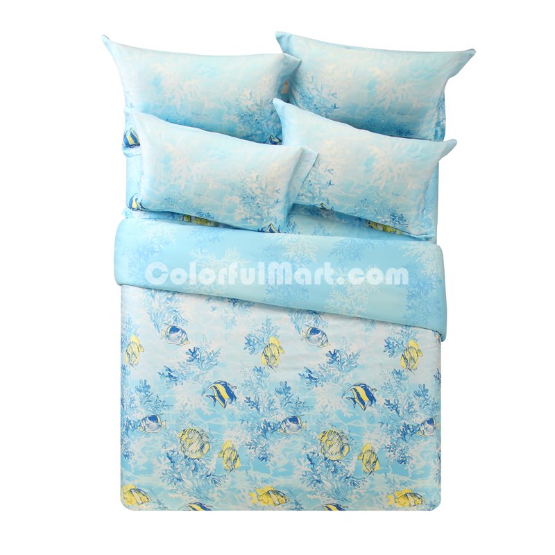 Underwater World Blue Bedding Set Girls Bedding Floral Bedding Duvet Cover Pillow Sham Flat Sheet Gift Idea - Click Image to Close