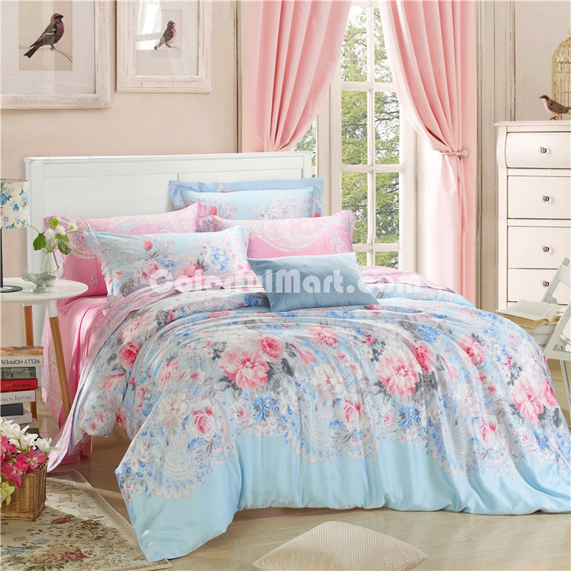 Sweet And Fragrant Blue Bedding Set Girls Bedding Floral Bedding Duvet Cover Pillow Sham Flat Sheet Gift Idea - Click Image to Close
