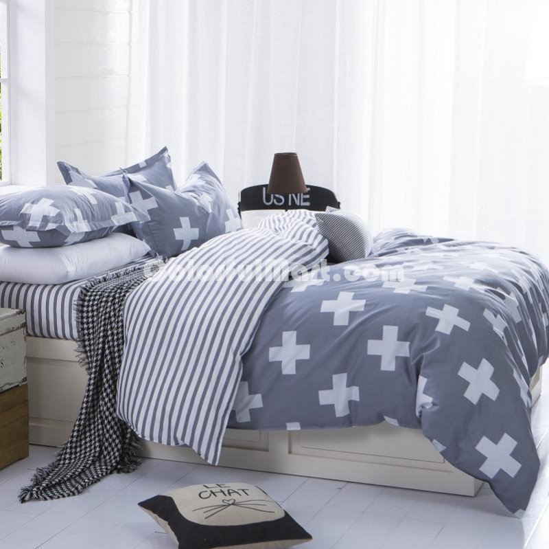 Plus Signs Grey Bedding Set Duvet Cover Pillow Sham Flat Sheet Teen Kids Boys Girls Bedding - Click Image to Close