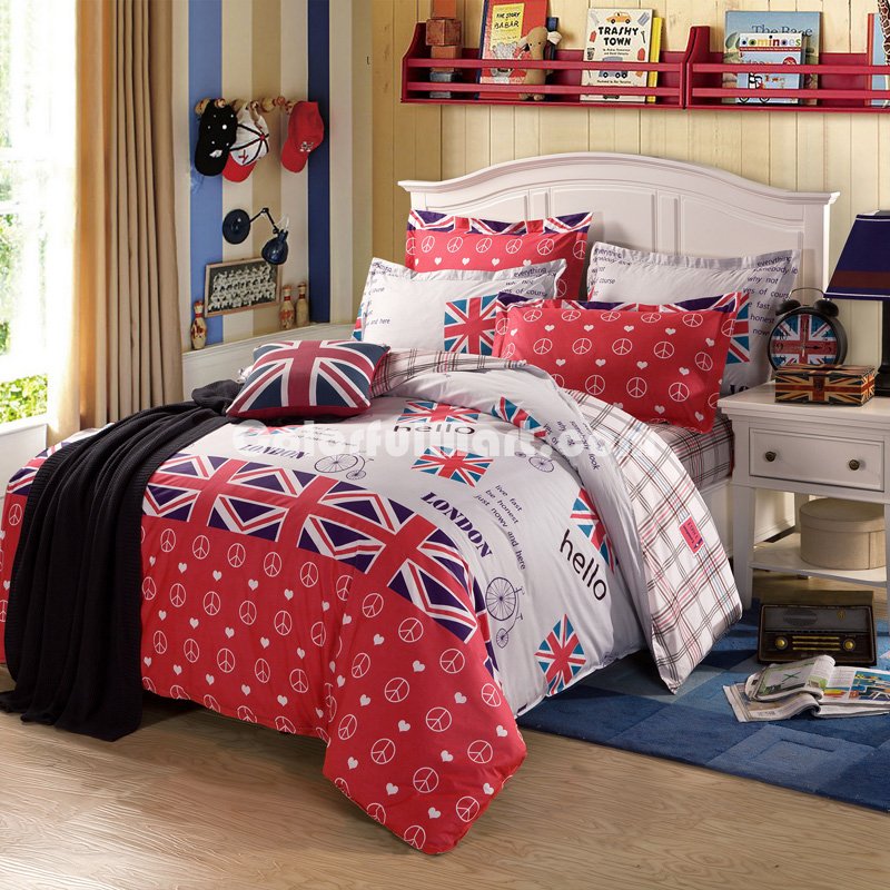 Hello London Red 100% Cotton 4 Pieces Bedding Set Duvet Cover Pillow Shams Fitted Sheet - Click Image to Close