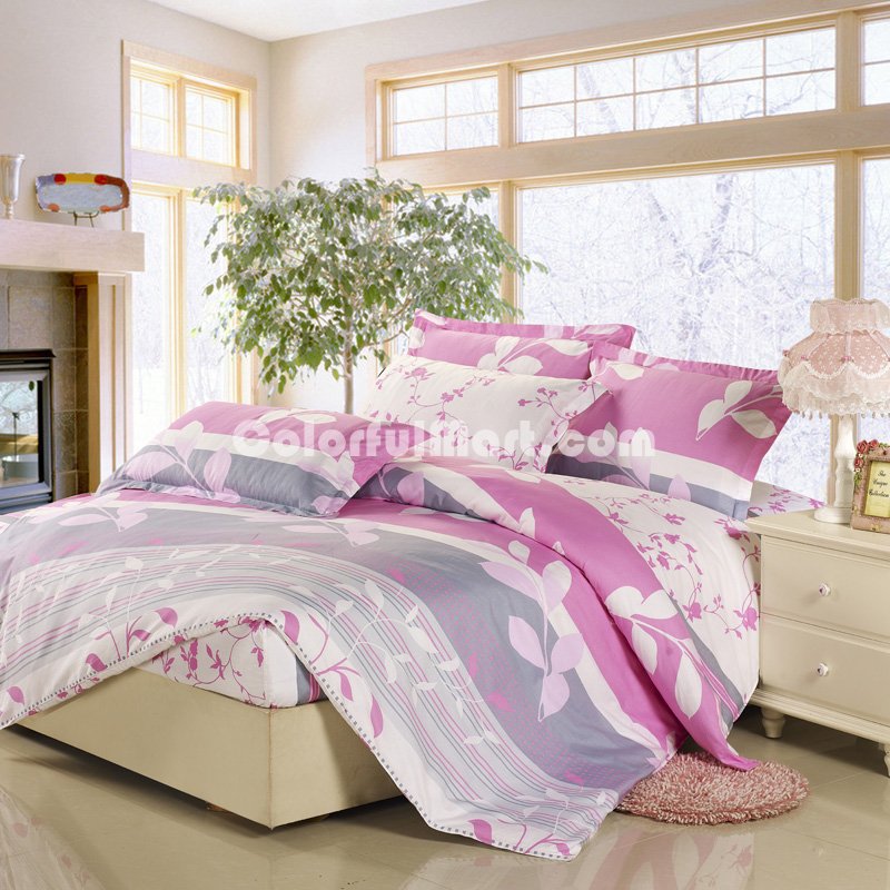 Beautiful Leaves Pink 100% Cotton 4 Pieces Bedding Set Duvet Cover Pillow Shams Fitted Sheet - Click Image to Close