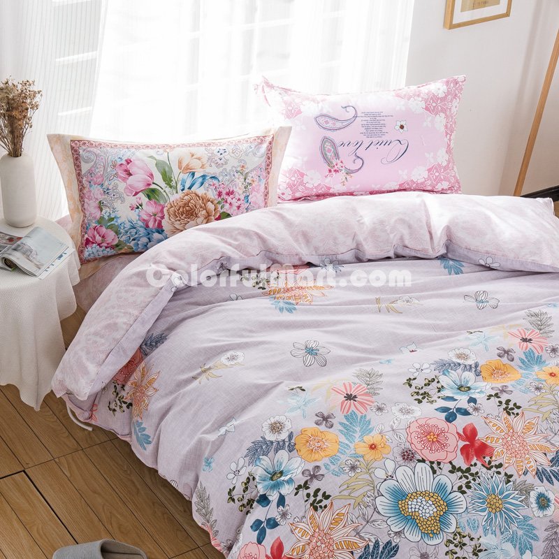 Flowers Blooming Pink 100% Cotton 4 Pieces Bedding Set Duvet Cover Pillow Shams Fitted Sheet - Click Image to Close