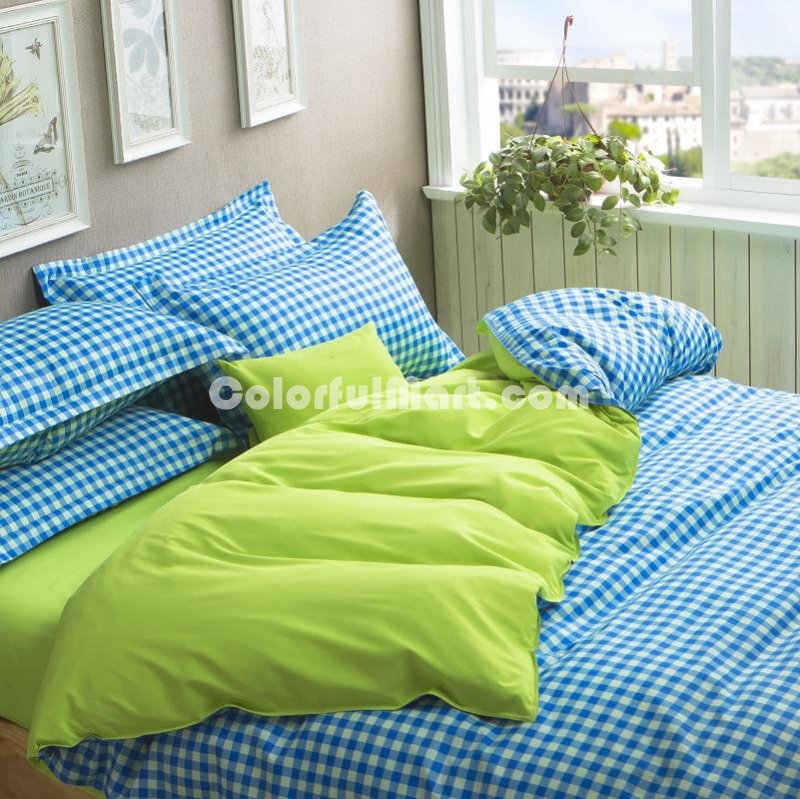 Gingham Blue Bedding Set Duvet Cover Pillow Sham Flat Sheet Teen Kids Boys Girls Bedding - Click Image to Close