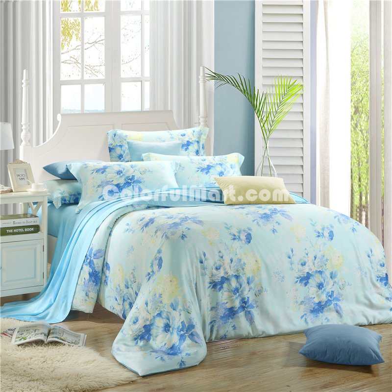 Sky City Blue Bedding Set Girls Bedding Floral Bedding Duvet Cover Pillow Sham Flat Sheet Gift Idea - Click Image to Close