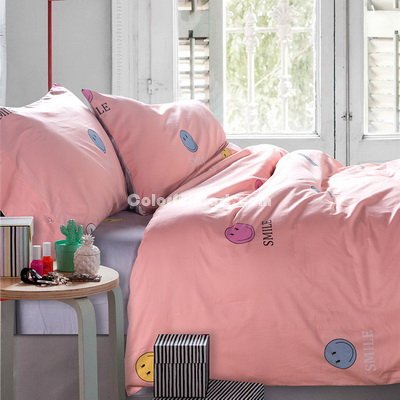 Smiling Face Pink Bedding Set Teen Bedding Kids Bedding Duvet Cover Pillow Sham Flat Sheet Gift Idea