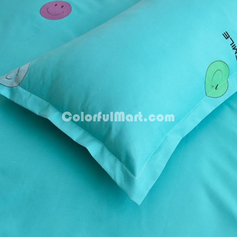 Smiling Face Green Bedding Set Duvet Cover Pillow Sham Flat Sheet Teen Kids Boys Girls Bedding - Click Image to Close