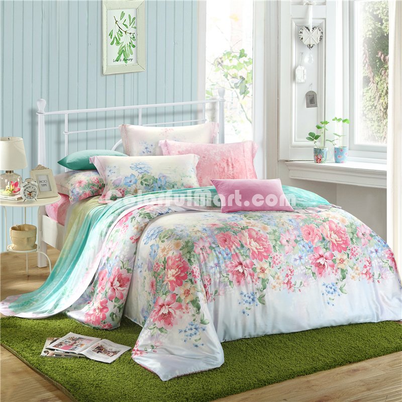 Flower Dream Green Bedding Set Girls Bedding Floral Bedding Duvet Cover Pillow Sham Flat Sheet Gift Idea - Click Image to Close