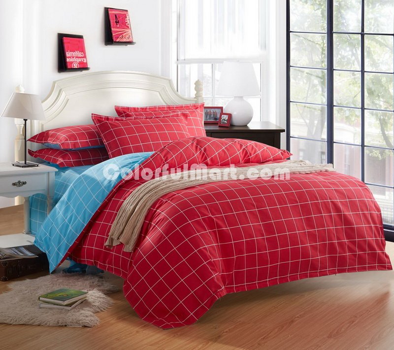 Modern Grids Red And Blue Teen Bedding Duvet Cover Set - Click Image to Close