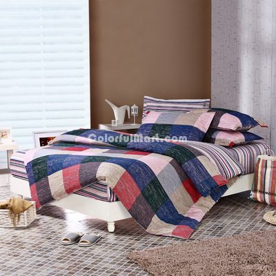 Check And Stripe Blue 100% Cotton 4 Pieces Bedding Set Duvet Cover Pillow Shams Fitted Sheet