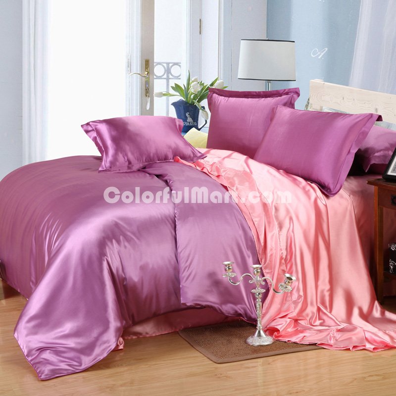 Lilac And Light Ruby Silk Bedding Set Duvet Cover Silk Pillowcase Silk Sheet Luxury Bedding - Click Image to Close