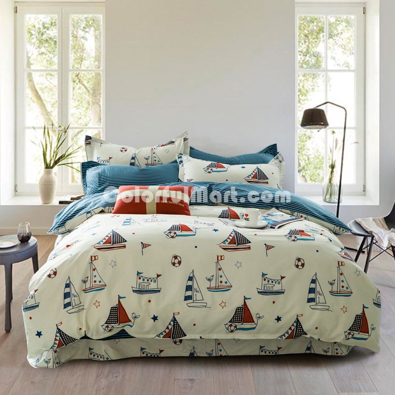 Sailing Beige 100% Cotton Luxury Bedding Set Kids Bedding Duvet Cover Pillowcases Fitted Sheet - Click Image to Close