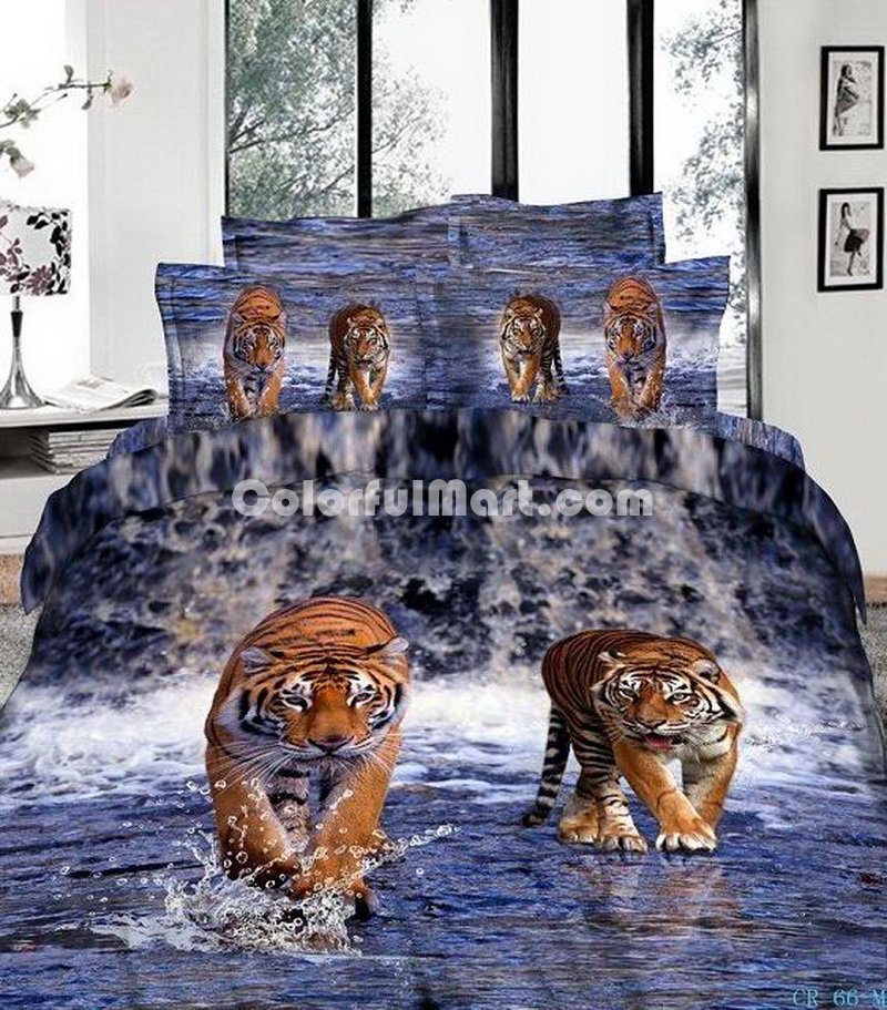 Wading Tigers Blue Bedding Animal Print Bedding 3d Bedding Animal Duvet Cover Set - Click Image to Close
