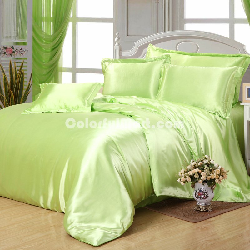 Light Green Silk Bedding Set Duvet Cover Silk Pillowcase Silk Sheet Luxury Bedding - Click Image to Close