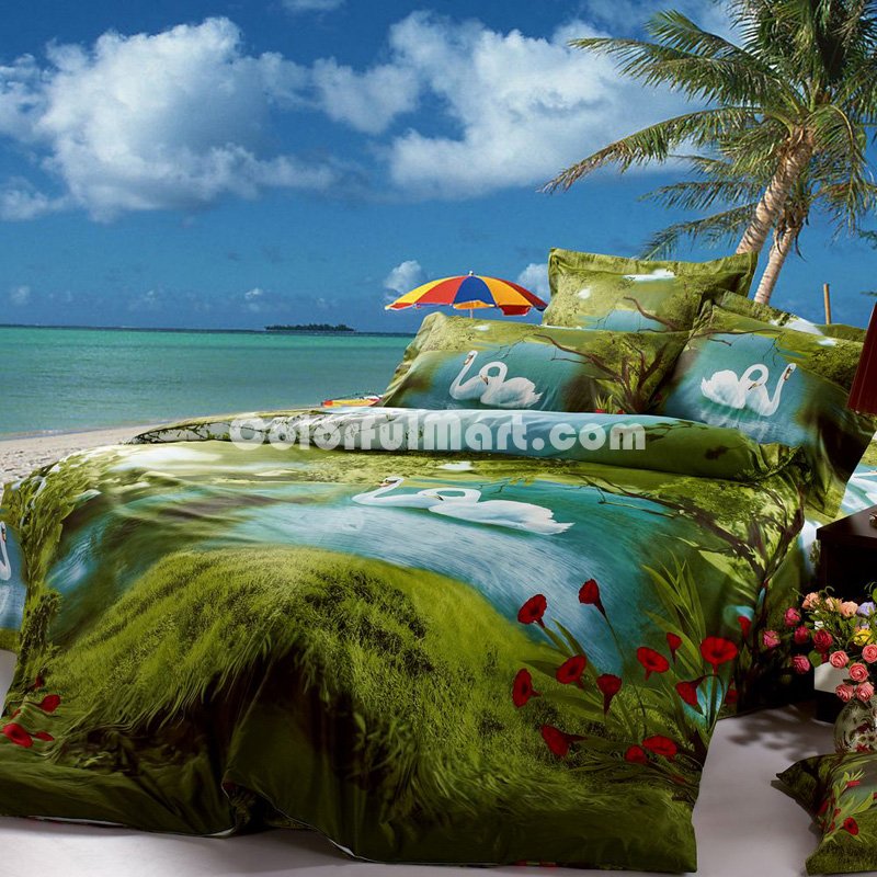 Swan Lake Green Bedding Sets Duvet Cover Sets Teen Bedding Dorm Bedding 3D Bedding Landscape Bedding Gift Ideas - Click Image to Close