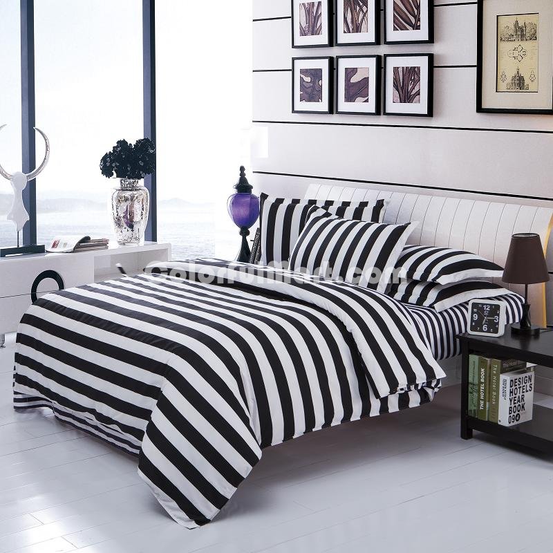 Stripes White Black Bedding Set Duvet Cover Pillow Sham Flat Sheet Teen Kids Boys Girls Bedding - Click Image to Close