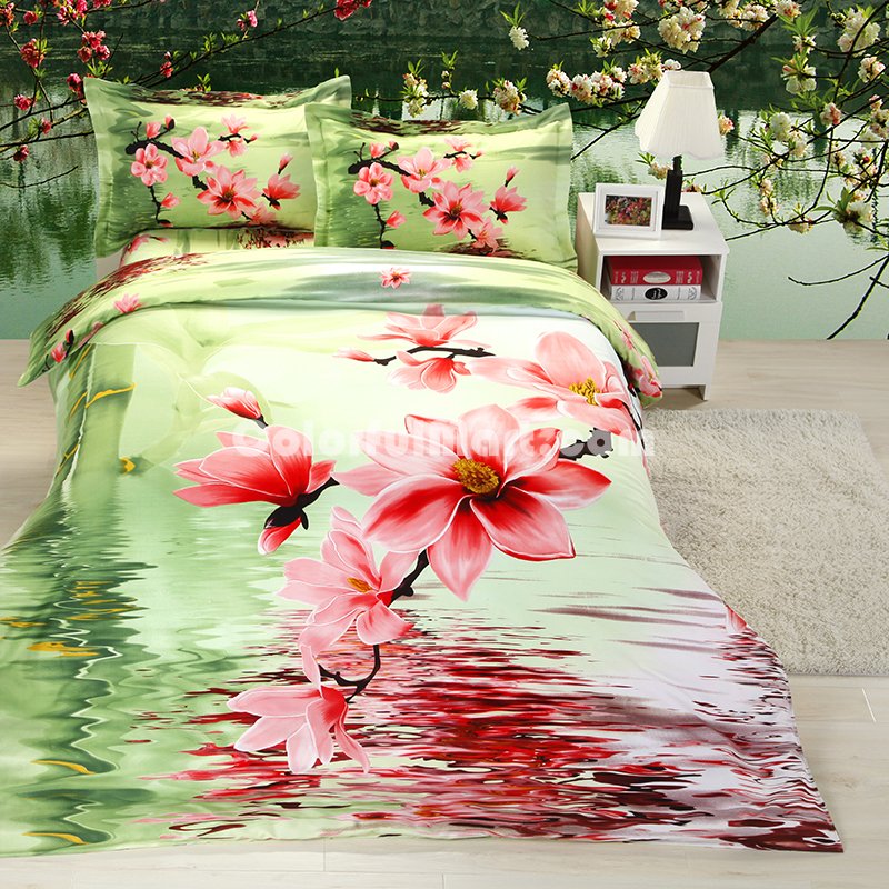 Pink Orchid Green Bedding 3D Duvet Cover Set - Click Image to Close