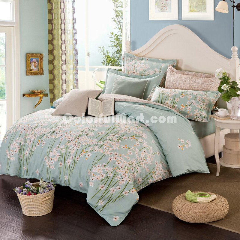 Orchid Green 100% Cotton 4 Pieces Bedding Set Duvet Cover Pillow Shams Fitted Sheet - Click Image to Close