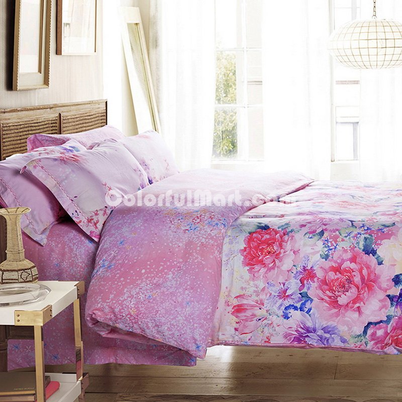 Blooming Flowers Pink Bedding Set Modern Bedding Collection Floral Bedding Stripe And Plaid Bedding Christmas Gift Idea - Click Image to Close