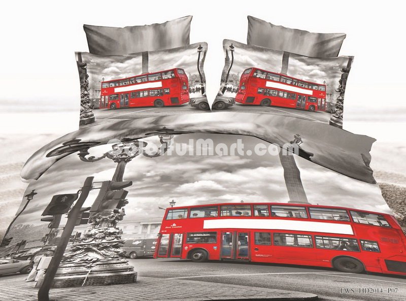 Red Double Decker Bus Gray 3d Bedding Luxury Bedding - Click Image to Close