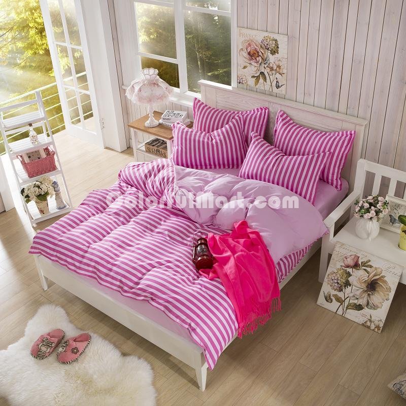 Stripes Pink Bedding Set Duvet Cover Pillow Sham Flat Sheet Teen Kids Boys Girls Bedding - Click Image to Close
