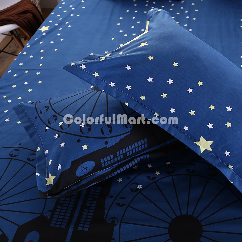 Stars And Moon Blue Bedding Set Duvet Cover Pillow Sham Flat Sheet Teen Kids Boys Girls Bedding - Click Image to Close