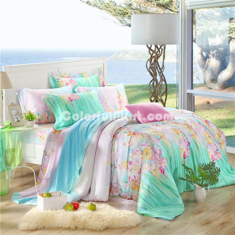 Breeze Green Bedding Set Girls Bedding Floral Bedding Duvet Cover Pillow Sham Flat Sheet Gift Idea - Click Image to Close