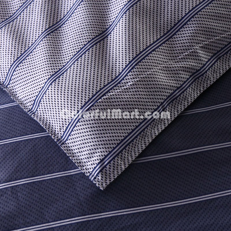 Lines Blue 100% Cotton 4 Pieces Bedding Set Duvet Cover Pillow Shams Fitted Sheet - Click Image to Close