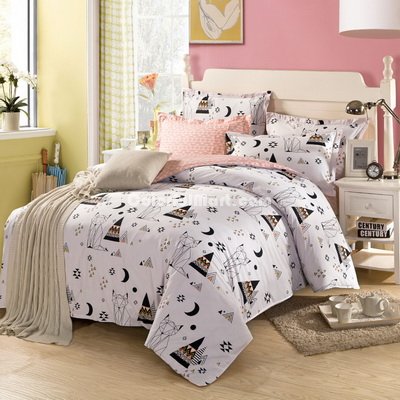 Abstract Cat White 100% Cotton 4 Pieces Bedding Set Duvet Cover Pillow Shams Fitted Sheet