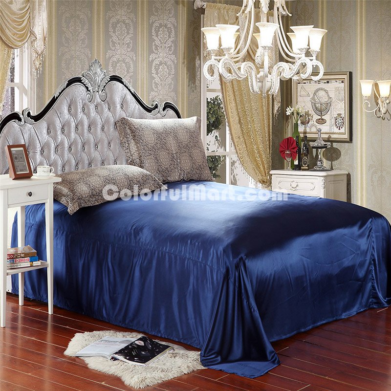 Blooming Flowers And Full Moon Navy Blue Silk Duvet Cover Set Silk Bedding - Click Image to Close