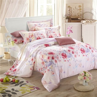 Ink Painting Flowers Pink Bedding Set Girls Bedding Floral Bedding Duvet Cover Pillow Sham Flat Sheet Gift Idea